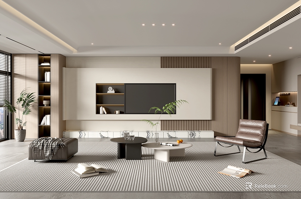 Modern Living Room Interior With TV Wall Shelves Decorative Items Coffee Tables And Striped Rug 3d model 