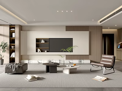 Modern Living Room Interior With TV Wall Shelves Decorative Items Coffee Tables And Striped Rug 3d model