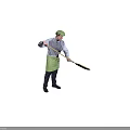 Man Wearing Light Blue Shirt And Green Apron Holding Broom For Indoor Cleaning