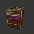 Red Kitchen Stove With Four Burners Control Knobs And Oven Door