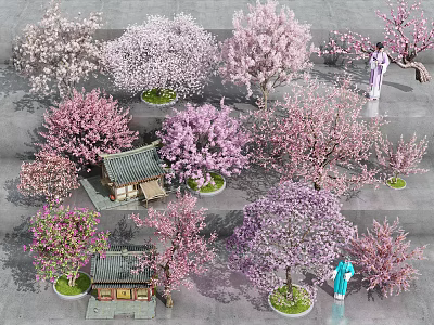 Beautiful Flowering Trees With Pink Purple Blossoms Surrounding Small Traditional Houses And People 3d model