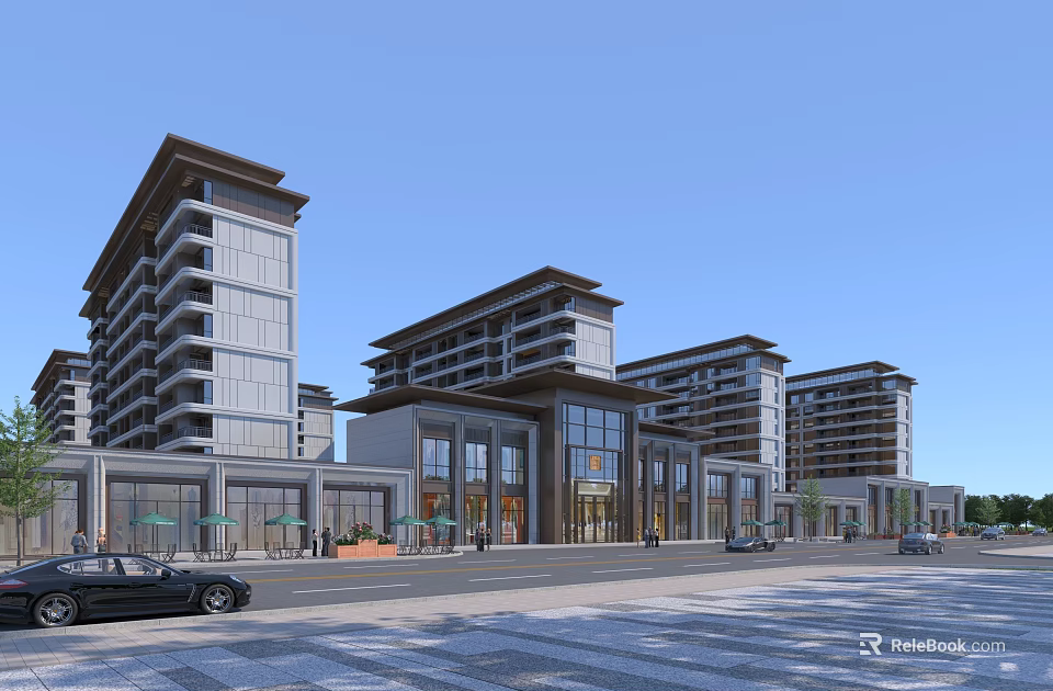 Modern Sales Office Building With Glass Curtain Wall Street Cars And Pedestrians 3d model 