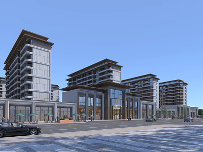Modern Sales Office Building With Glass Curtain Wall Street Cars And Pedestrians 3d model