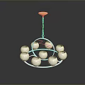 Elegant Modern Chandelier With White Spherical Lampshades Circular Metal Frame And Wooden Top