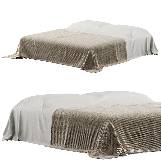 Double Bed With Soft Linen Bedspread And White Beige Neutral Sheets 3d model
