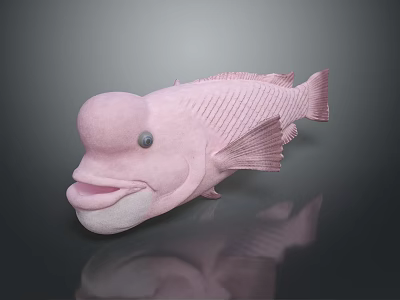 Pink Fish With Bulbous Forehead Large Mouth Fins And Tail On Dark Background With Reflection 3d model