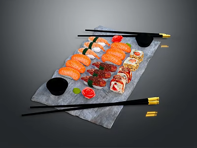 Fresh Sushi Platter With Assorted Salmon Rolls Sushi Pieces Served With Chopsticks And Soy Sauce 3d model