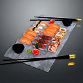 Fresh Sushi Platter With Assorted Salmon Rolls Sushi Pieces Served With Chopsticks And Soy Sauce