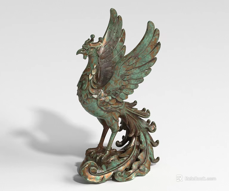 Verdigris Green Bronze Phoenix Landscape Sculpture With Spread Wings And Ornate Base 3d model 