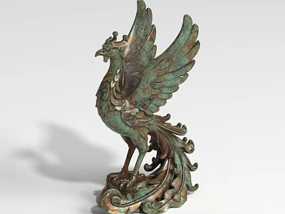 Verdigris Green Bronze Phoenix Landscape Sculpture With Spread Wings And Ornate Base 3d model