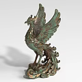 Verdigris Green Bronze Phoenix Landscape Sculpture With Spread Wings And Ornate Base