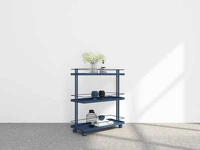 Modern Blue Multi Tier Shelving Unit With Wheels Vase Cups And Bottles In Minimalist Interior 3d model
