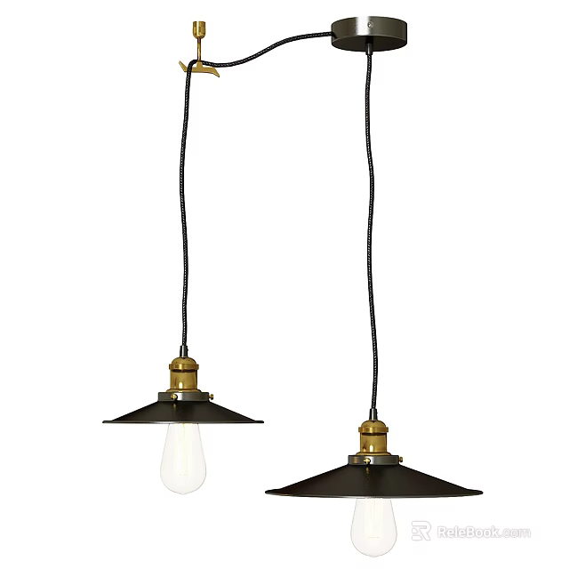 Two Modern Pendant Lights With Black Shades Brass Bases And White Bulbs 3d model 