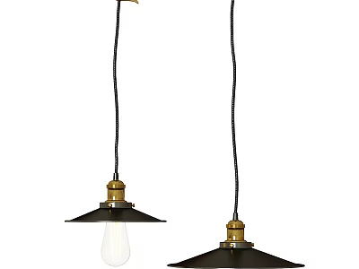 Two Modern Pendant Lights With Black Shades Brass Bases And White Bulbs 3d model