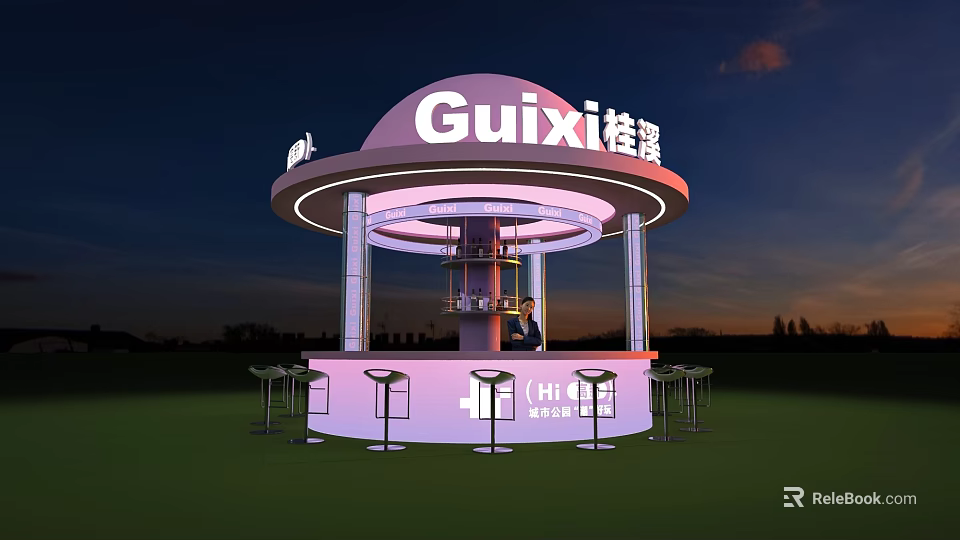 Modern Circular Bar Counter With Illuminated Design And High Stools In Nighttime Setting 3d model