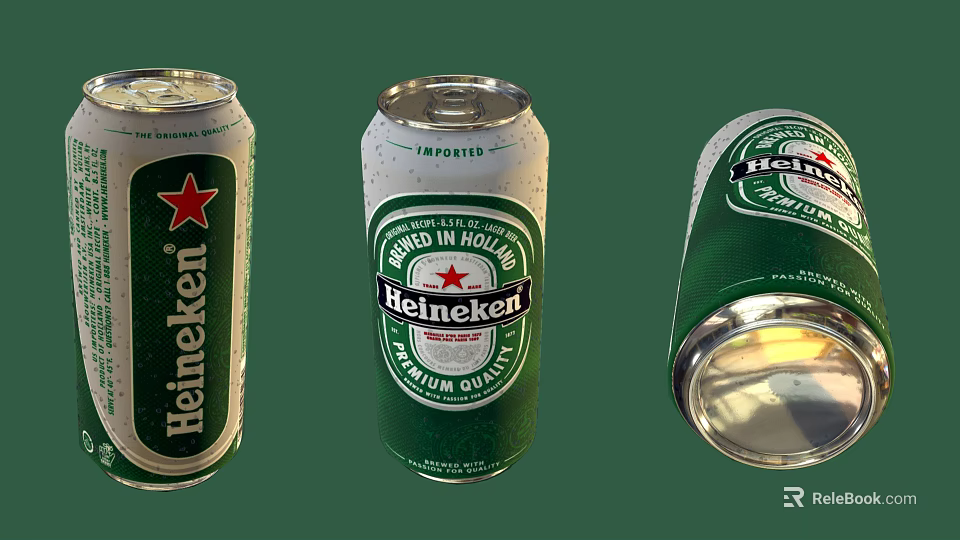Heineken Beer Cans Featuring Brewed in Holland Label Standing and Overturned Open 3d model 