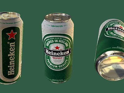 Heineken Beer Cans Featuring Brewed in Holland Label Standing and Overturned Open 3d model