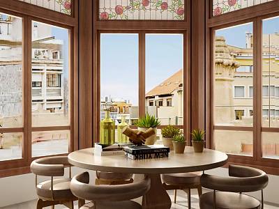 Round Wooden Dining Table Set with Chairs Plants Stained Glass Windows and City View 3d model