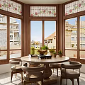 Round Wooden Dining Table Set with Chairs Plants Stained Glass Windows and City View