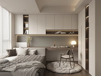 Cozy Tatami Bedroom Interior With Tatami Bed Desk Chair Round Rug And Bookshelves 3d model