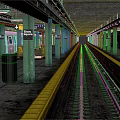 Modern Times Square Subway Station Platform With Green Pillars Yellow Safety Lines And Train Tracks