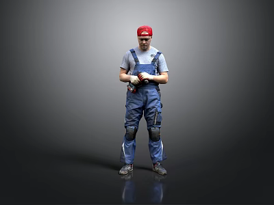 Worker In Blue Overalls Gray T-shirt Red Cap Knee Pads Standing Against Gray Background 3d model