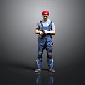 Worker In Blue Overalls Gray T-shirt Red Cap Knee Pads Standing Against Gray Background