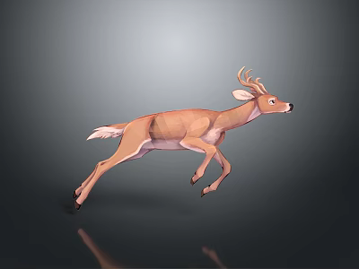 3D Rendering of Running Brown Deer With Antlers in Dark Background and Reflection 3d model