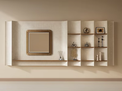 Modern Built in Display Shelf with Decorative Ornaments Mirror and Vase on Beige Wall 3d model