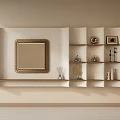Modern Built in Display Shelf with Decorative Ornaments Mirror and Vase on Beige Wall