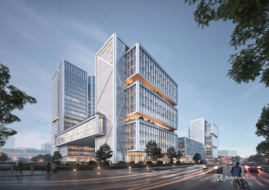 Modern Industrial Park Featuring Glass Facade Buildings Greenery And Urban Roads Under Evening Sky 3d model 