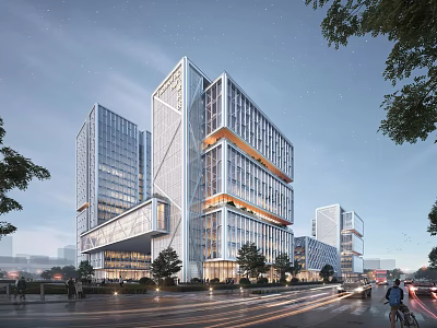 Modern Industrial Park Featuring Glass Facade Buildings Greenery And Urban Roads Under Evening Sky 3d model