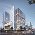 Modern Industrial Park Featuring Glass Facade Buildings Greenery And Urban Roads Under Evening Sky
