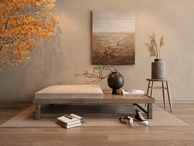 Minimalist Interior With Low Wooden Table Gray Cushion Black Vase And Wall Painting 3d model