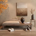 Minimalist Interior With Low Wooden Table Gray Cushion Black Vase And Wall Painting
