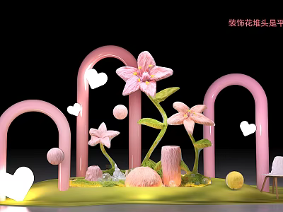 Eye Catching Window Display Decoration With Pink Arches Pink Flowers White Hearts And Green Grass 3d model