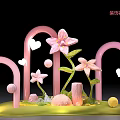 Eye Catching Window Display Decoration With Pink Arches Pink Flowers White Hearts And Green Grass