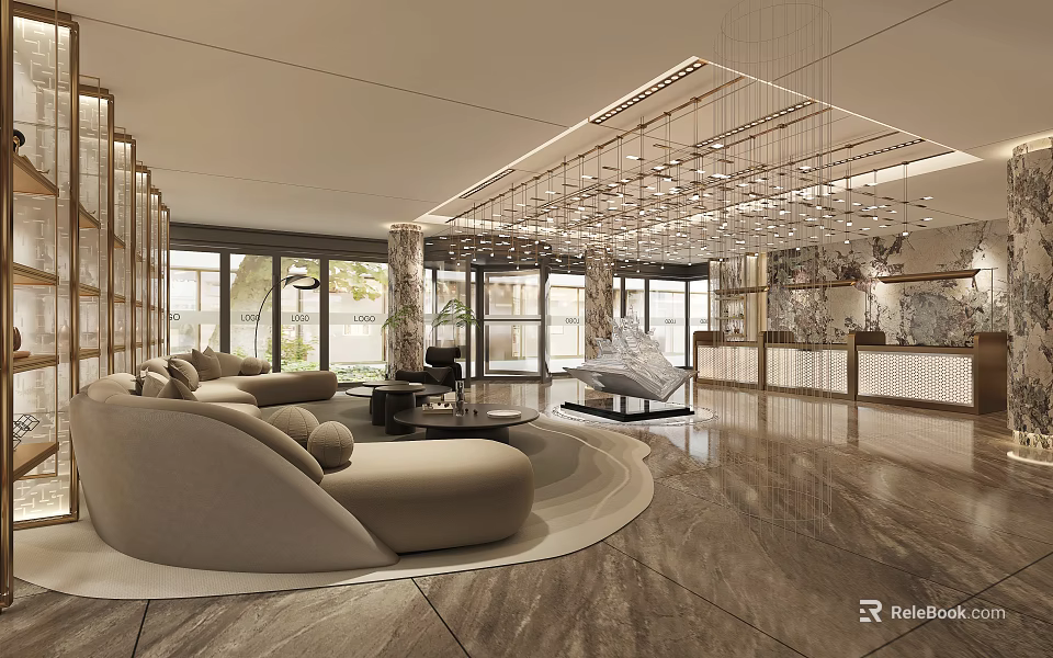 Elegant Hotel Lobby Interior With Modern Sofas Crystal Chandeliers And Marble Flooring 3d model 