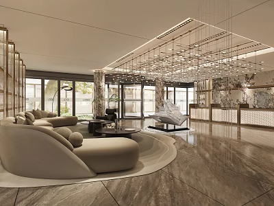Elegant Hotel Lobby Interior With Modern Sofas Crystal Chandeliers And Marble Flooring 3d model