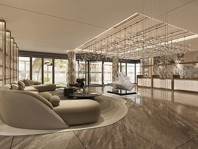 Elegant Hotel Lobby Interior With Modern Sofas Crystal Chandeliers And Marble Flooring 3d model