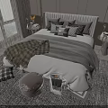 Luxurious Double Bed Bedroom Interior With Gray Blanket Plaid Pillows Bedside Tables And Scenic View