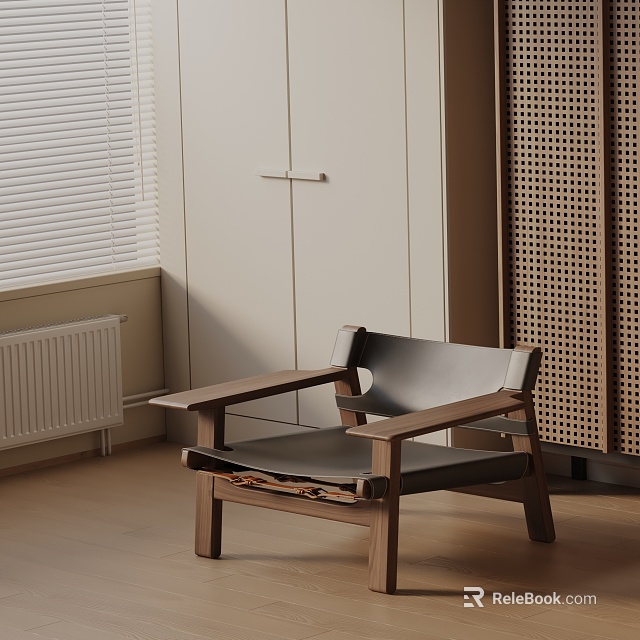 Modern Leisure Chair With Wooden Frame And Black Leather Cushion In Minimalist Interior Space 3d model 