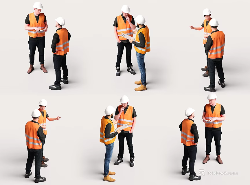 Workers in Orange Safety Vests and White Hard Hats Discussing at Work Site 3d model 