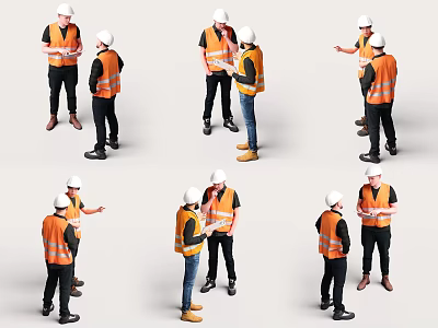 Workers in Orange Safety Vests and White Hard Hats Discussing at Work Site 3d model