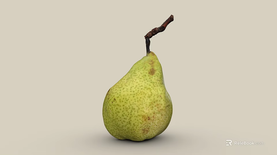 Fresh Ripe Green Speckled Pear With Brown Stem On Light Background 3d model 