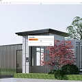 Modern Porch With Metal Fence Gray Pillars Red Tree And Green Shrubs