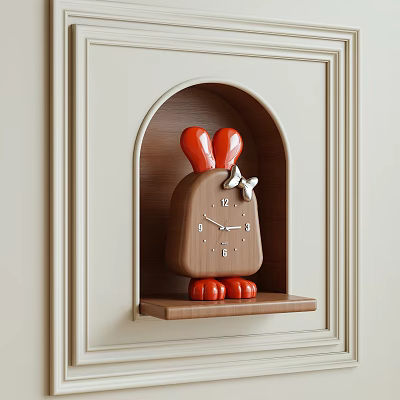 Cute Rabbit Shaped Wall Clock With Red Ears Bow And Paws On Wooden Arch Shelf 3d model