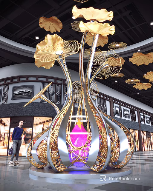 Large Gold And Silver Metal Art Installation With Golden Leaves Purple Light In Mall Interior 3d model 