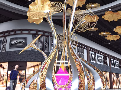 Large Gold And Silver Metal Art Installation With Golden Leaves Purple Light In Mall Interior 3d model
