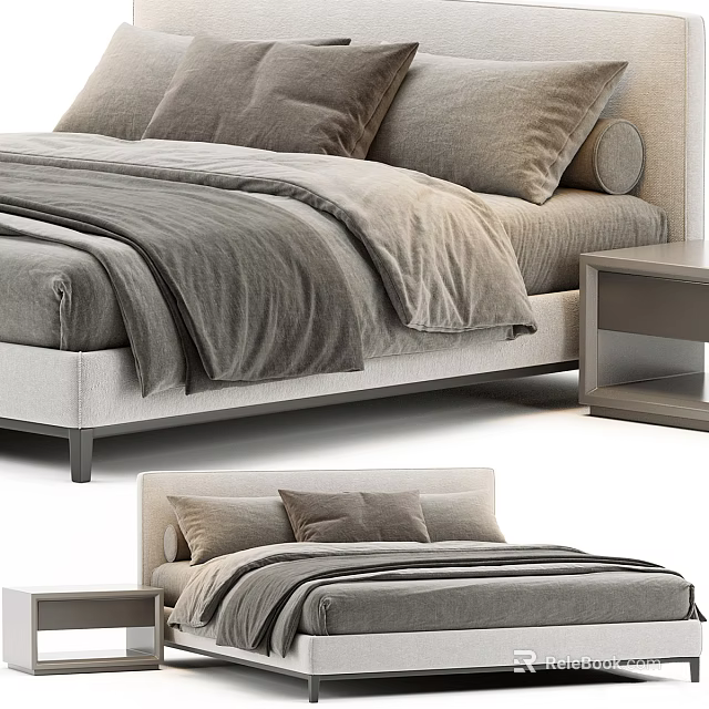 Modern Gray Double Bed With Soft Quilt Pillows Headboard And Nightstand 3d model 